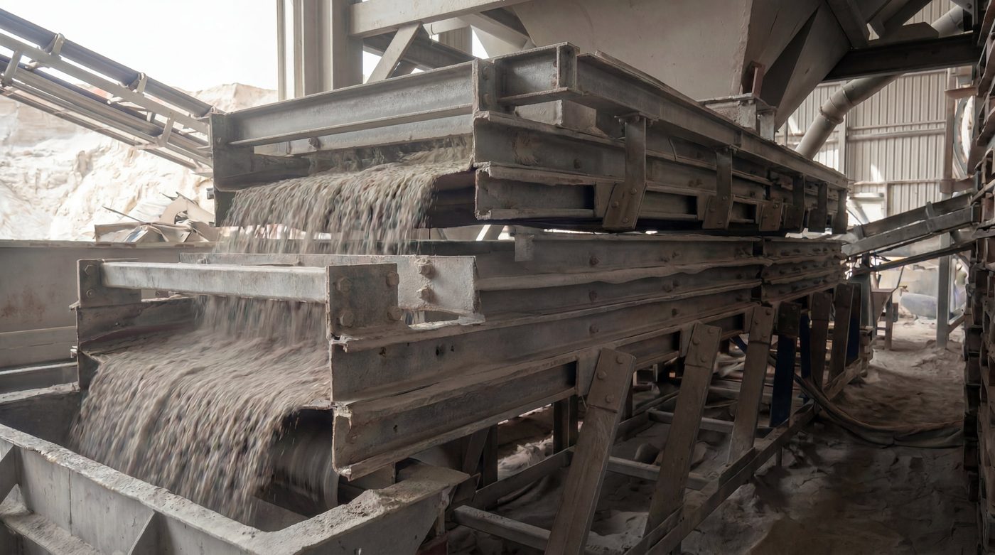Multi-deck vibrating screen grading silica sand by particle size