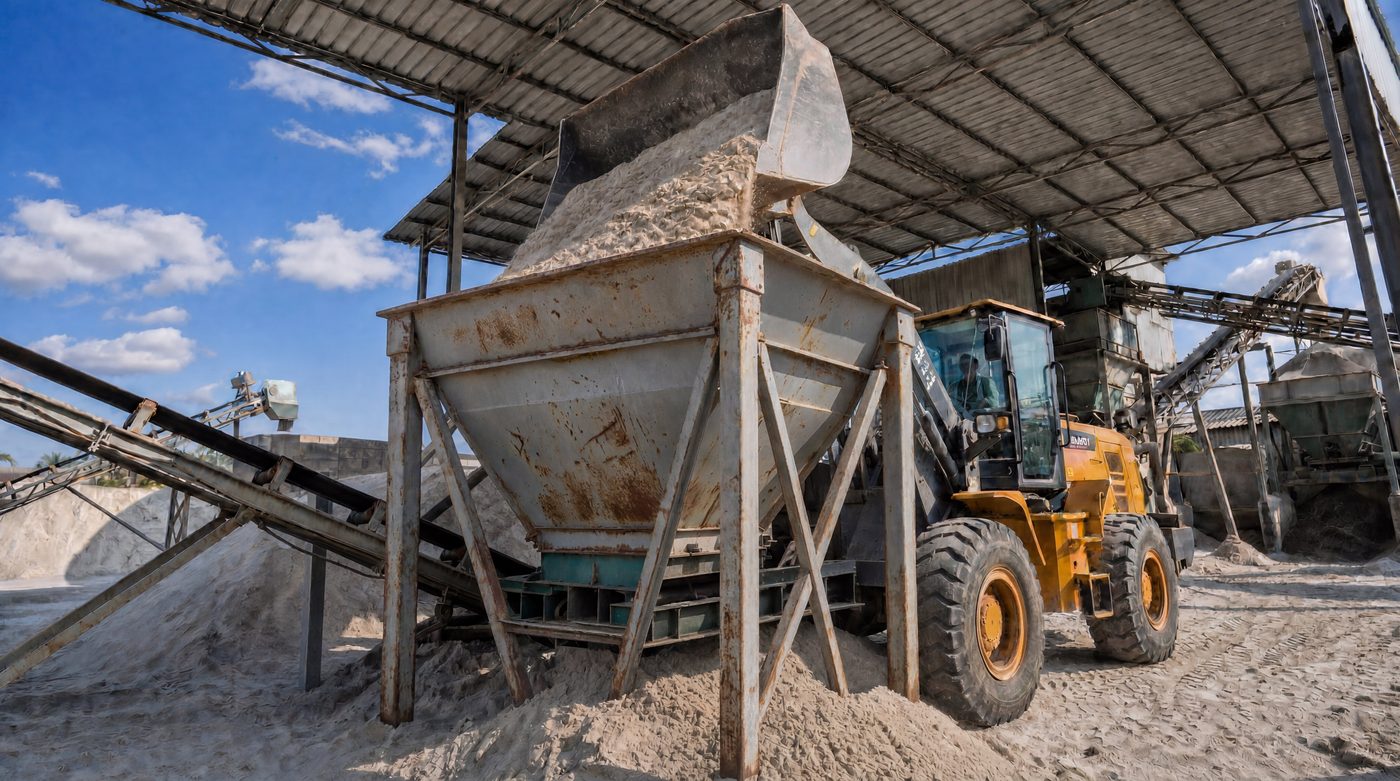 Wheel loader feeding silica sand at Serasi Hijau plant